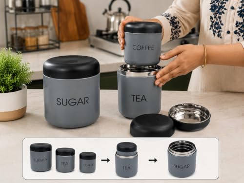 Premium Tea Sugar Coffee Canister Set of 3, Modern Grey Colour with Black Lids, Stainless Steel Matte Storage Jars, Ideal for Gifting, Dishwasher Safe